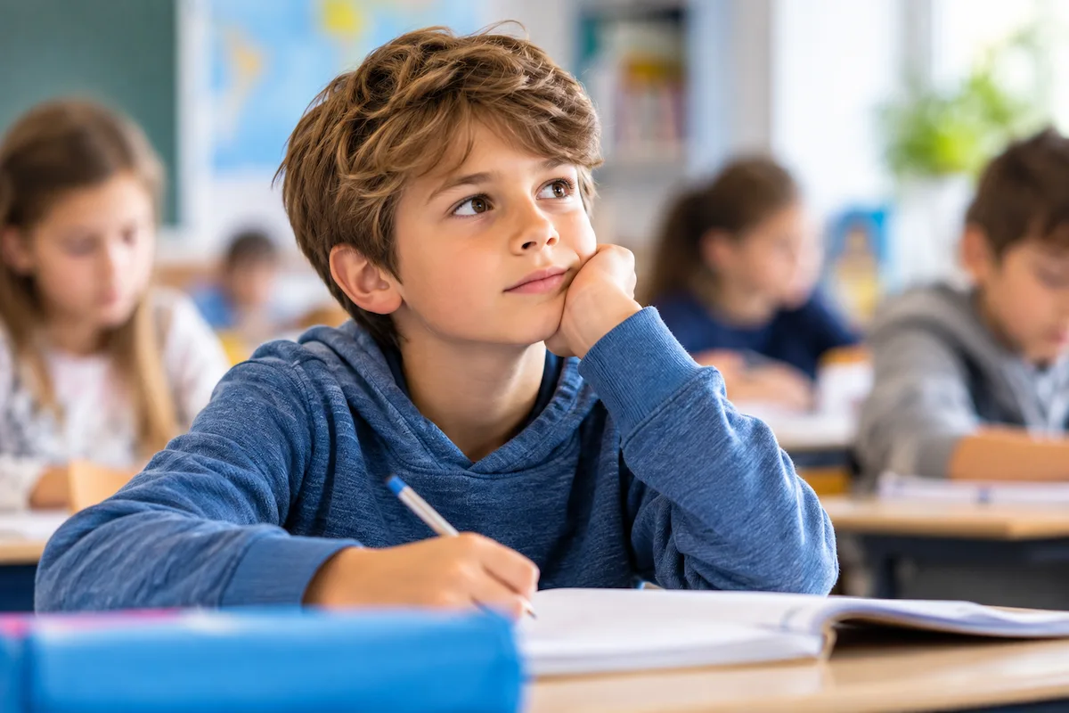 Enfant pensif en classe pouvant être préoccupé par l’énurésie et le pipi au lit