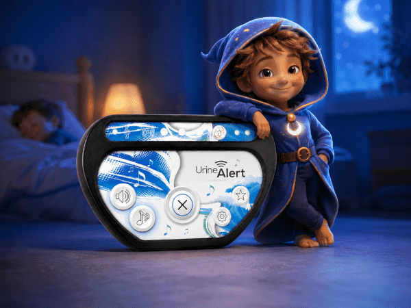Fonction de surveillance nocturne du système Urine-Alert Gardien bienveillant appuyé sur le récepteur Urine-Alert pendant qu’un enfant dort