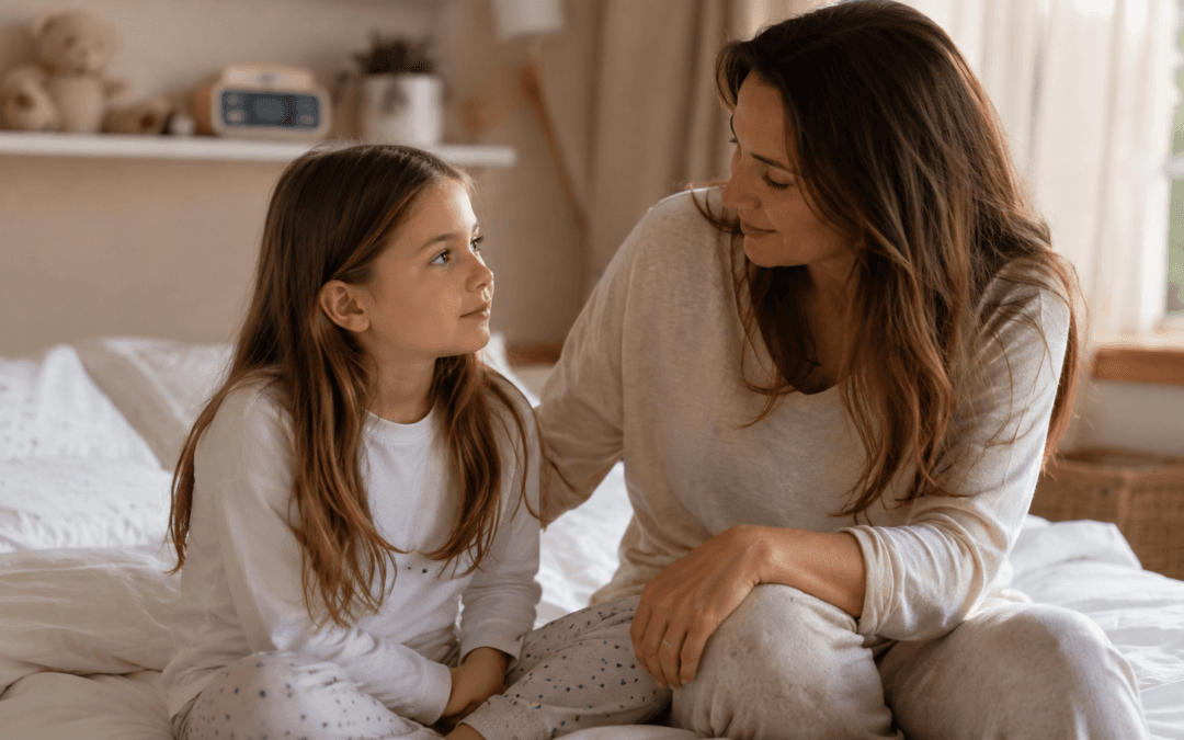 Mère discutant avec sa fille dans une chambre pour illustrer le traitement de l’énurésie nocturne avec une alarme