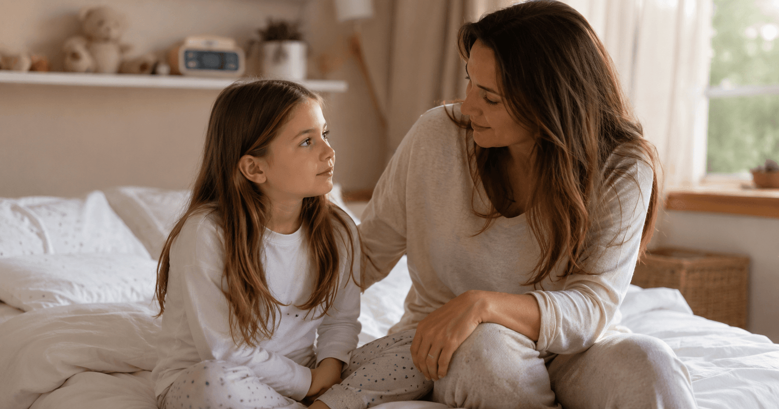 Mère discutant avec sa fille dans une chambre pour illustrer le traitement de l’énurésie nocturne avec une alarme