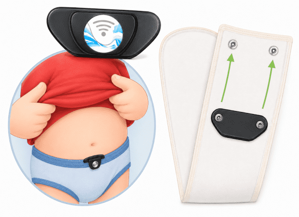 Installation du transmetteur Urine-Alert sur la culotte Transmetteur Urine-Alert fixé sur la culotte d’un enfant avec bandes de détection