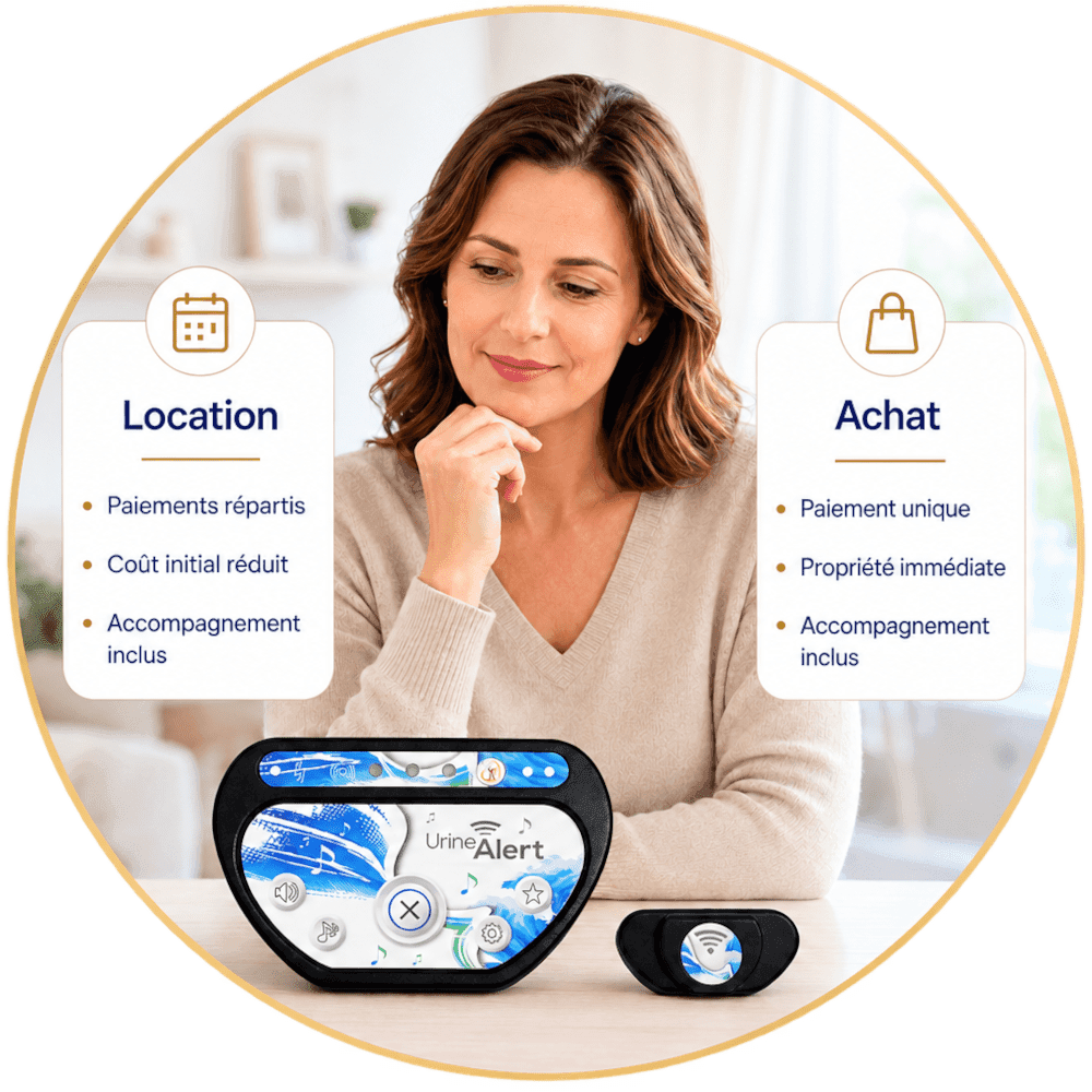 Location ou achat Urine-Alert – Enureflex Parent comparant la location et l’achat du système Urine-Alert avec récepteur et transmetteur Enureflex