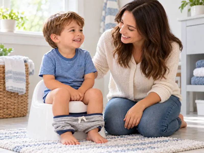 Enfant assis sur le petit pot accompagné de sa mère pendant l’apprentissage de la propreté