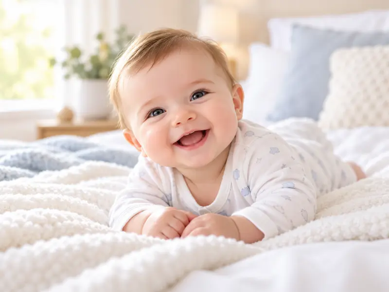 Bébé souriant allongé sur un lit, illustrant l’utilisation d’Urine-Alert pour être averti lorsqu’une couche est mouillée