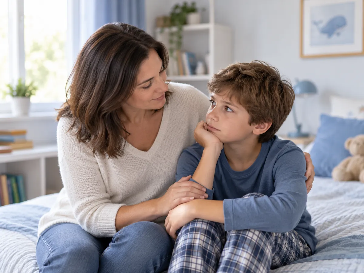 Mère accompagnant son enfant face aux conséquences de l’énurésie nocturne