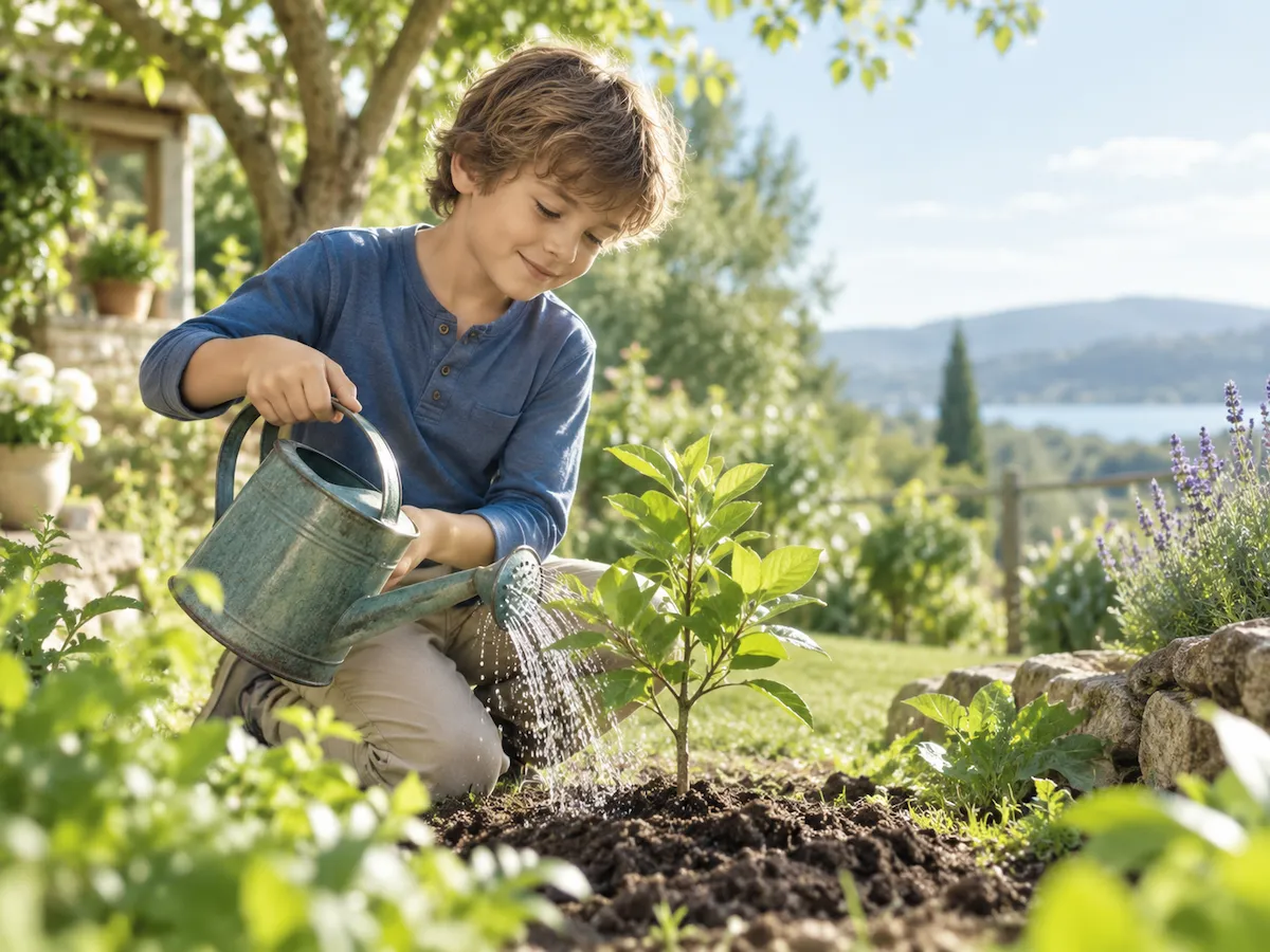enfant-environnement Enfant arrosant une jeune plante pour illustrer l’impact environnemental du pipi au lit