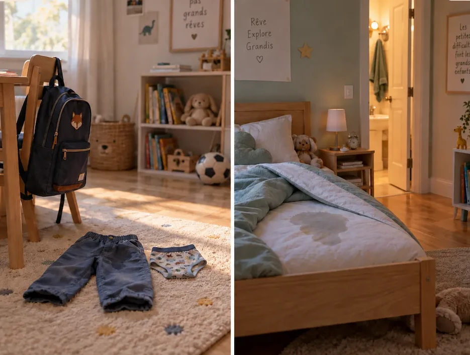 Énurésie de jour et de nuit chez l’enfant Illustration de l’énurésie de jour et de nuit chez l’enfant, avec vêtements mouillés et lit mouillé