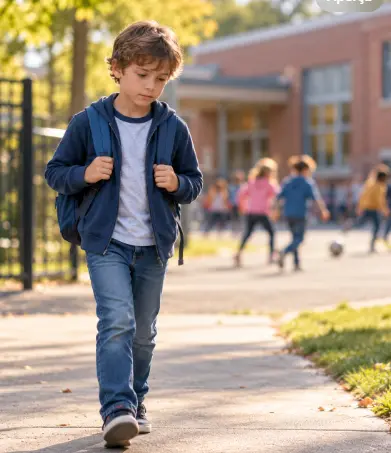 Enfant quittant l’école seul pendant que d’autres enfants jouent dans la cour, illustrant les répercussions possibles de l’énurésie diurne