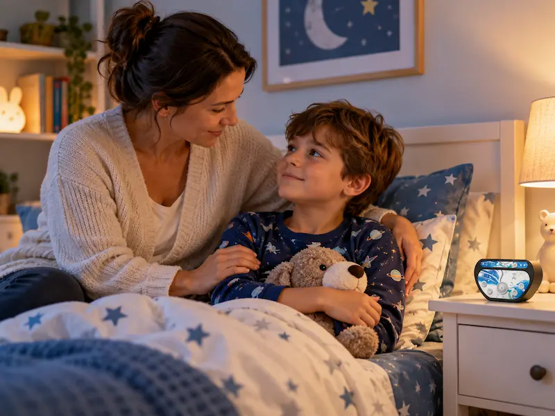 Mère accompagnant son enfant au coucher pendant un traitement de l’énurésie avec Urine-Alert