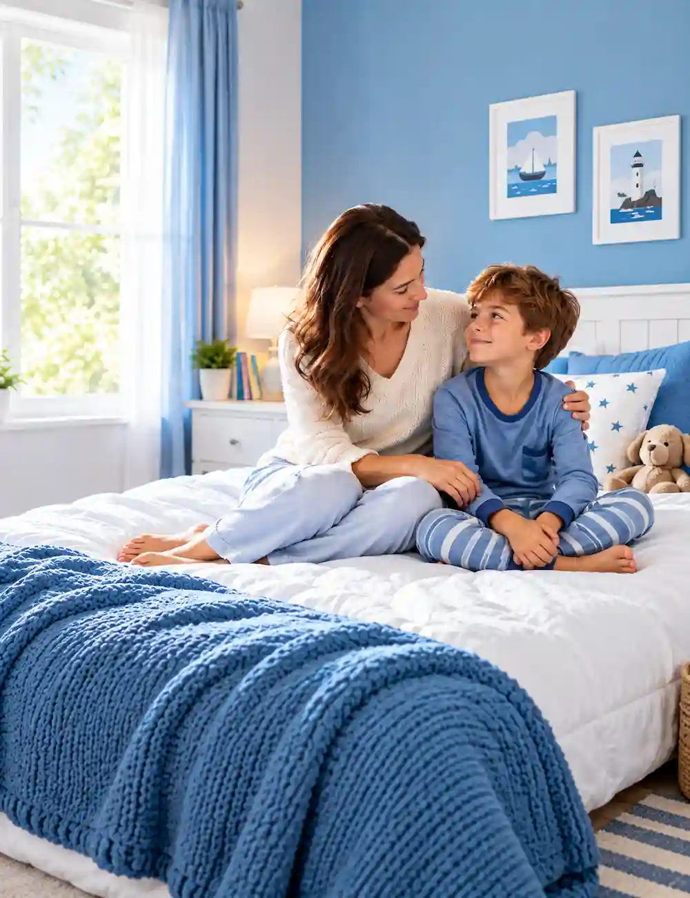 Pourquoi traiter l’énurésie chez l’enfant Mère discutant avec son enfant au sujet du pipi au lit et de l’énurésie