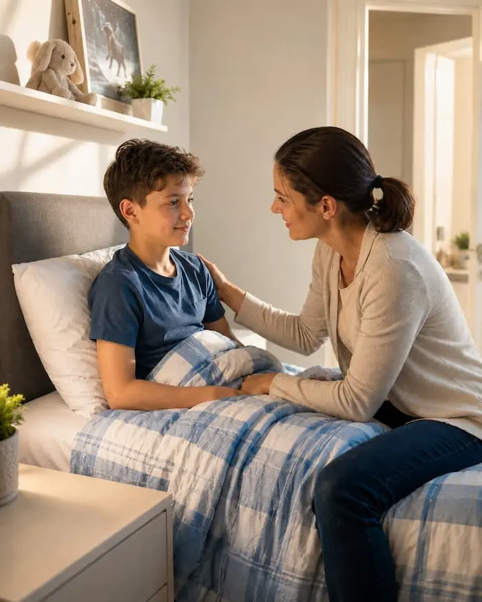Parent consultant des informations sur le traitement de l’énurésie avec une alarme