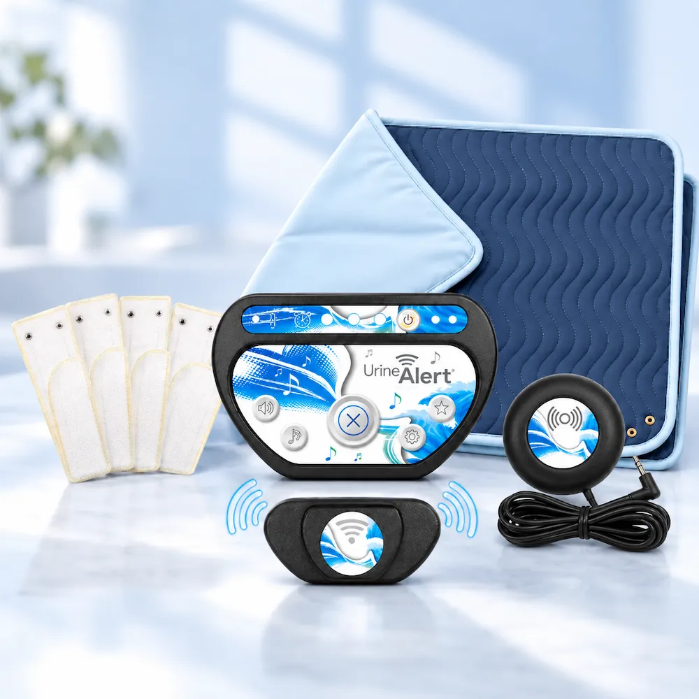 Système Urine-Alert pour l’énurésie avec récepteur, transmetteur, bandes de détection, tapis et vibreur
