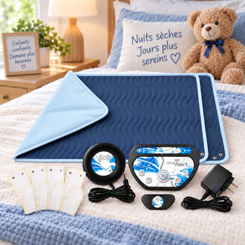 Système Urine-Alert Duo avec tapis et bandes de détection, présenté dans une chambre d’enfant lumineuse.